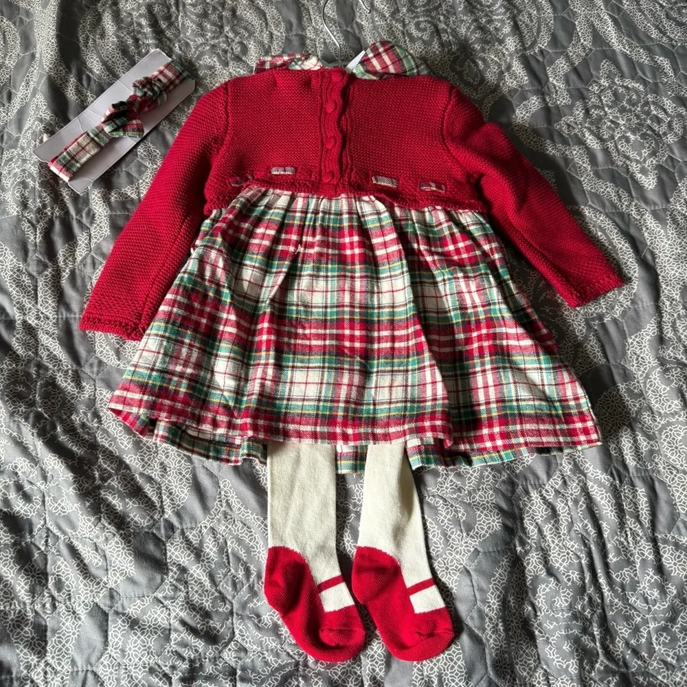 Shabby Chic Infant Holiday Red Plaid Dress with Bow and Tights. NWT 6-9 M